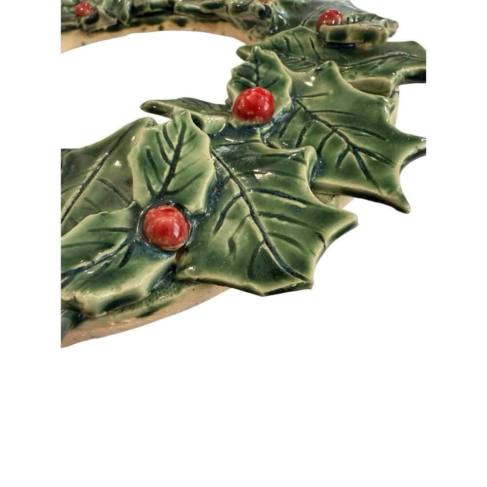 Handmade Pottery Holly Wreath 3D Decor Christmas Holiday 10” Studio - Picture 6 of 9